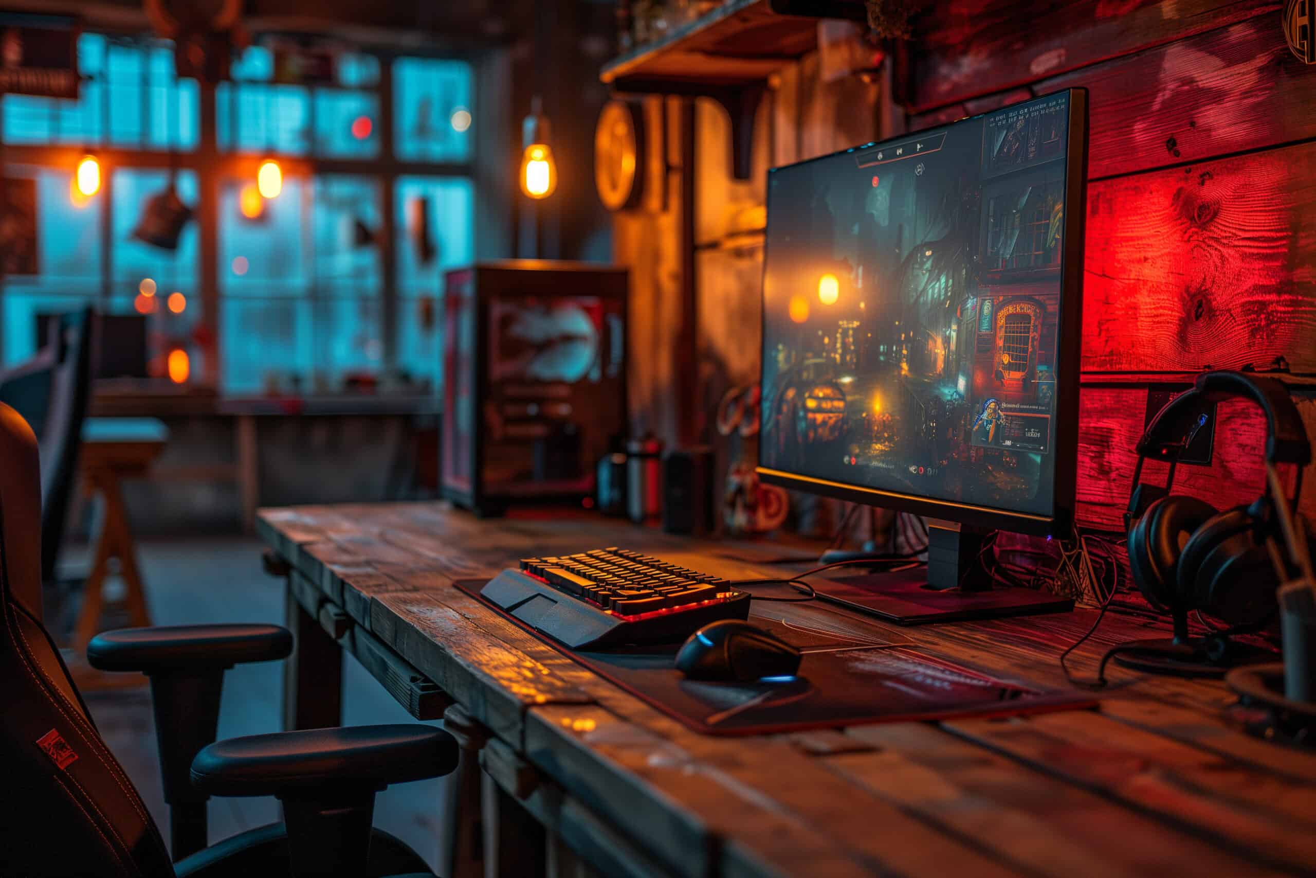 A gaming setup with an HDMI 2.1 monitor displaying a high-definition video game, mechanical keyboard, and headset on a rustic wooden desk with ambient lighting.