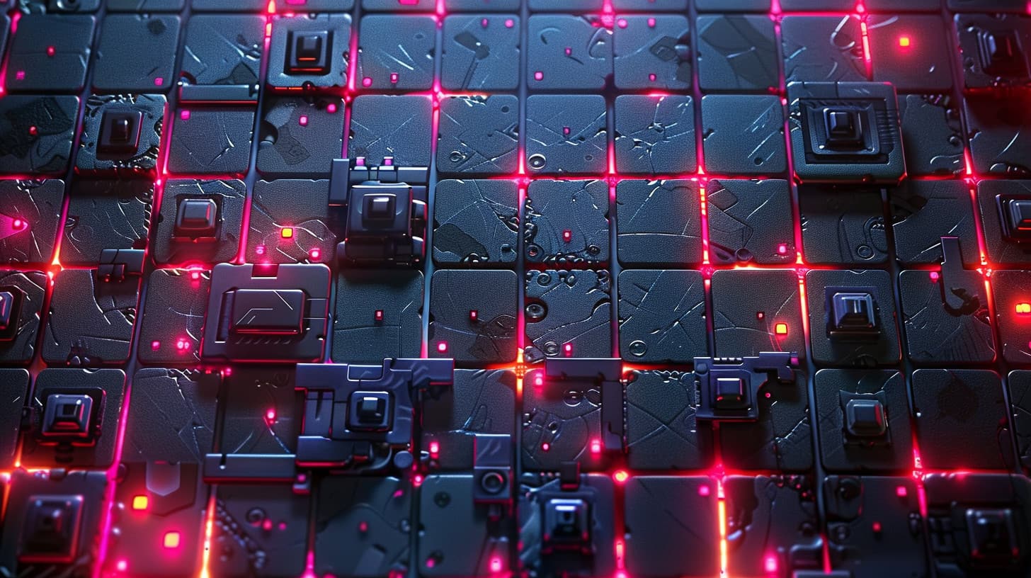 Close-up image of a high-tech, illuminated minesweeper game grid with red neon lights indicating active mines and various levels of buttons and switches representing the complexity of the game.