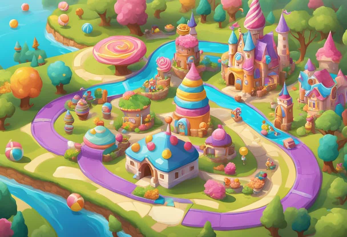 Illustration of a vibrant and whimsical Candy Land Kingdom with colorful candy-themed buildings and characters.