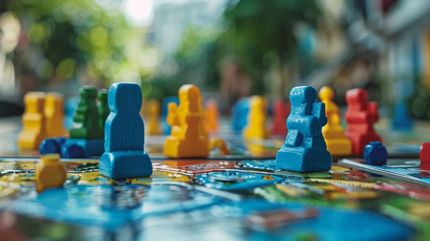 Colorful game pieces on a vibrant board game layout, capturing the excitement of family game night.