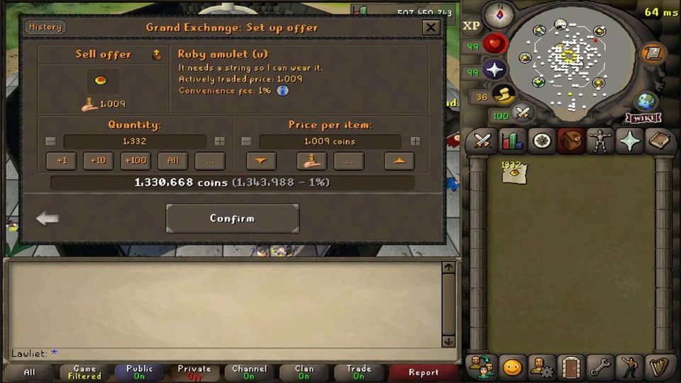 Selling unstrung ruby amulets on the Grand Exchange after crafting